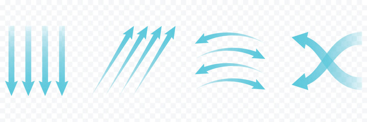 Set of blue arrow showing air or wind flow. Air conditioner direction. Isolated vector on white background element.