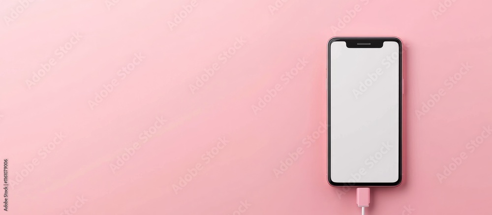 Poster smartphone charging on pink background with blank screen and space for text showcasing modern techno