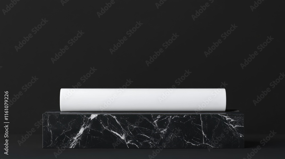 Poster elegant white cylinder on dark marble base with minimalist blank space for custom text or graphics
