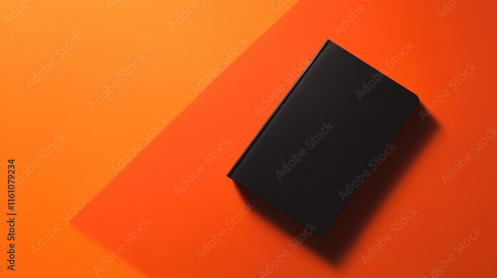 Poster black notebook on vibrant orange desk showcasing minimalist design with ample space for text and cre
