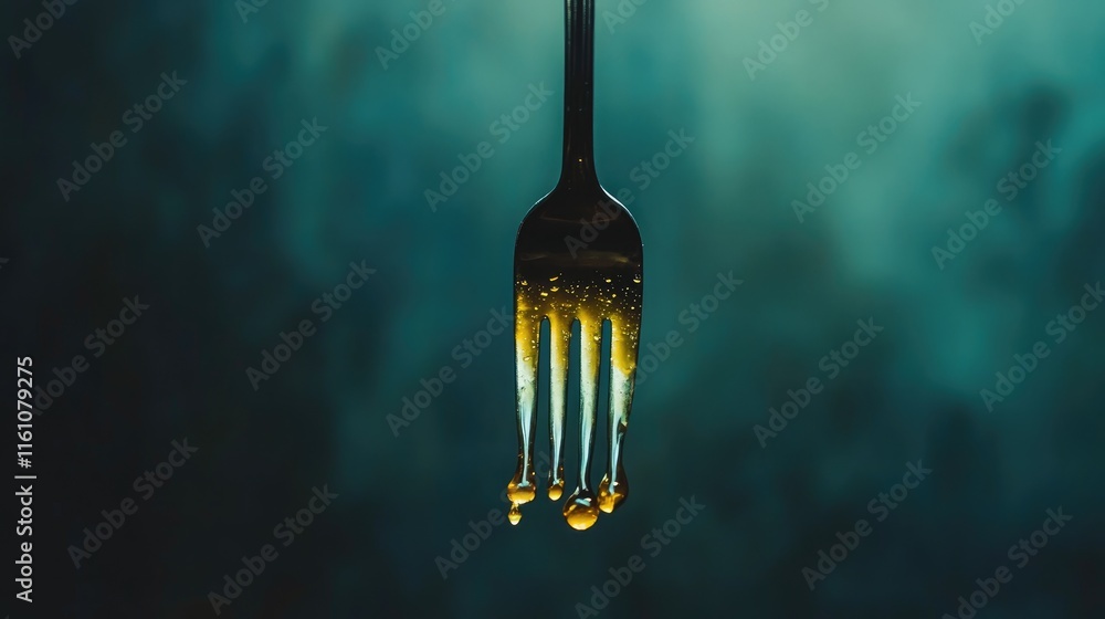 Poster honey dripping from a silver fork against a blurred background showcasing its rich golden color and 