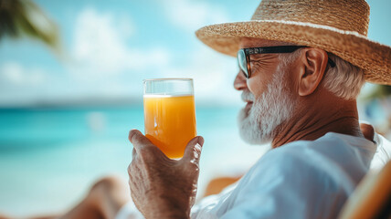 Relaxed senior man enjoying glass of orange juice at beach, wearing sunglasses and straw hat, with beautiful ocean view in background