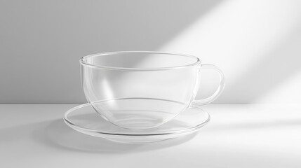 Fototapeta premium Transparent Glass Coffee Cup with Saucer on Light Surface for Elegant Minimalist Design Themes