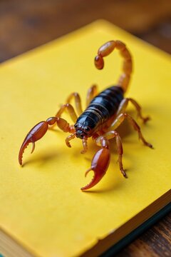 brown pseudoscorpion crawling on yellow book page, scorpion like, book