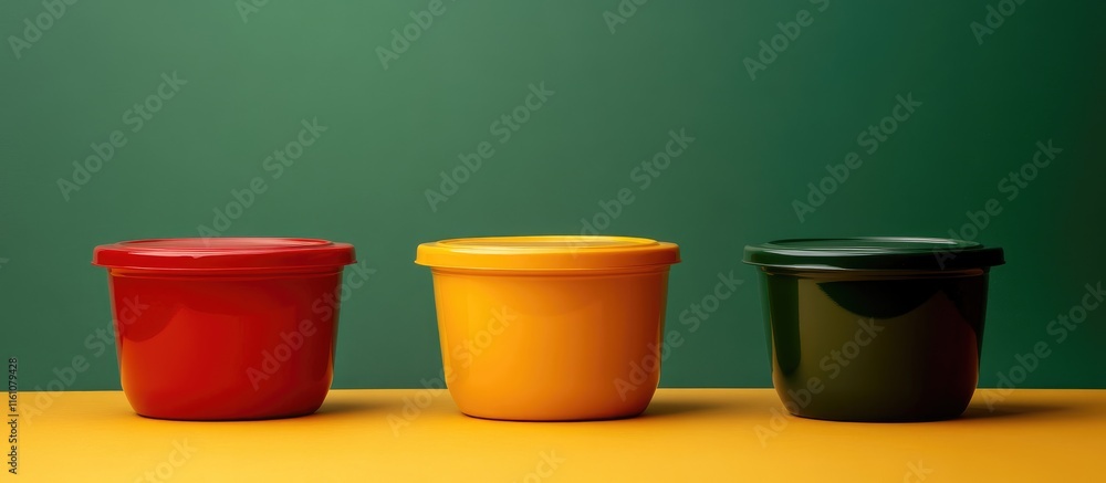 Poster colorful sauce containers in red yellow and dark green on a solid background with ample space for te