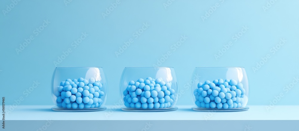 Poster three transparent bowls filled with small blue round pills arranged on a light blue background with 