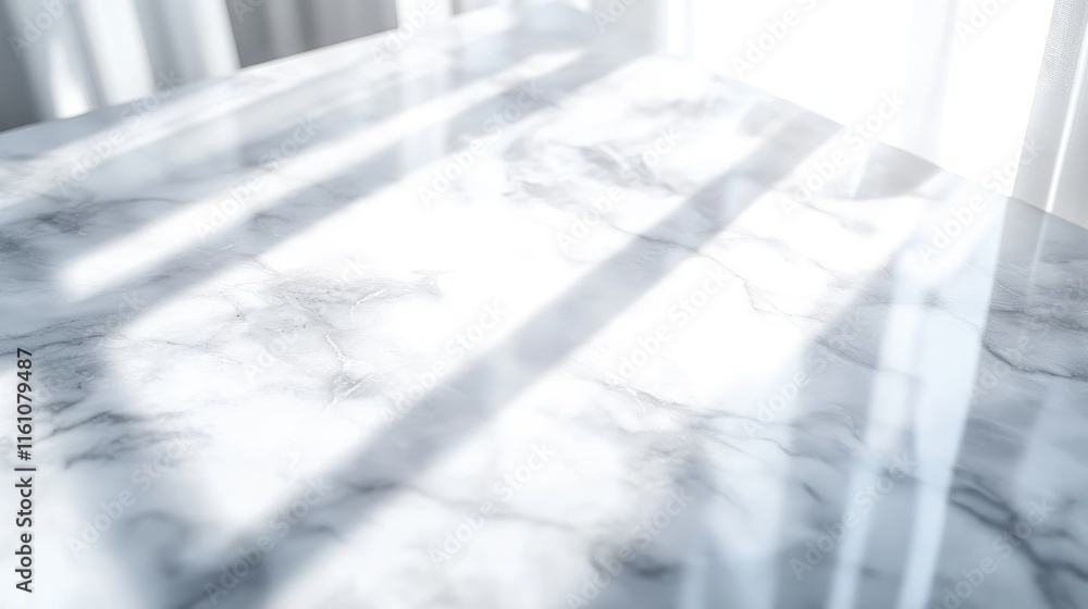 Poster glowing window light casting soft shadows on glossy marble tabletop for elegant product mockup backg