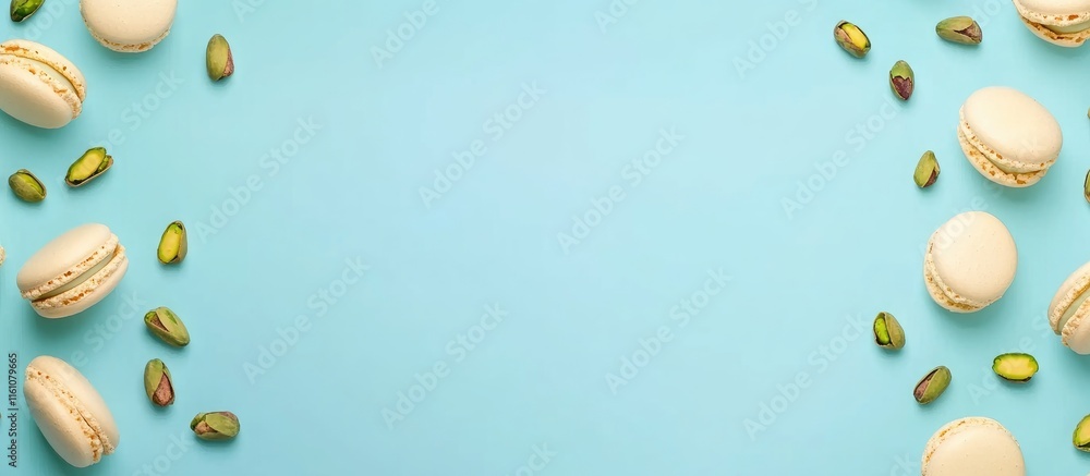 Poster flat lay of macarons and pistachios on pastel blue background with empty space for text creative des