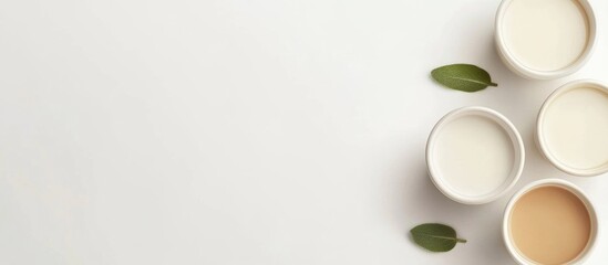 Top view of assorted plant based vegan milks in bowls with fresh leaves on neutral background and space for product text or branding