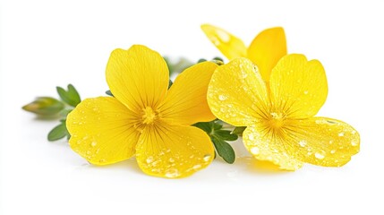 Fototapeta premium Vibrant Yellow Flowers with Dew Drops on a Clean White Background for Nature and Floral Designs
