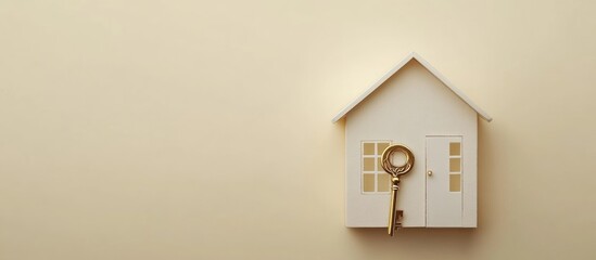 Miniature house model with golden key on beige background symbolizing real estate investment and insurance concept blank space for text
