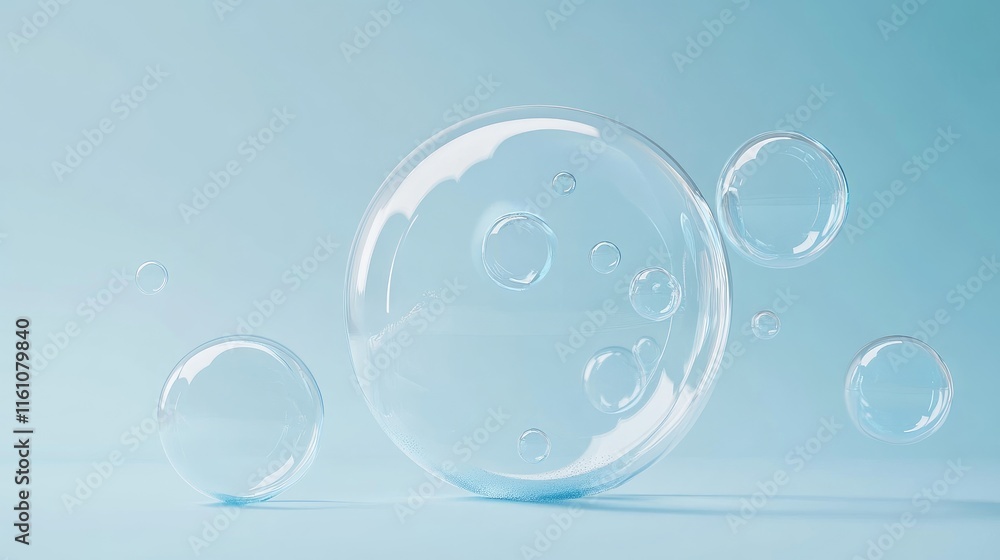 Poster minimalist translucent bubbles on a soft blue background creating a serene and modern atmosphere for