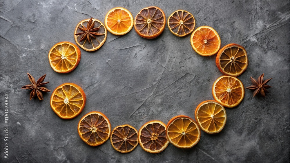 Poster Dried Orange Slices and Star Anise Arranged in a Circular Pattern on a Gray Surface