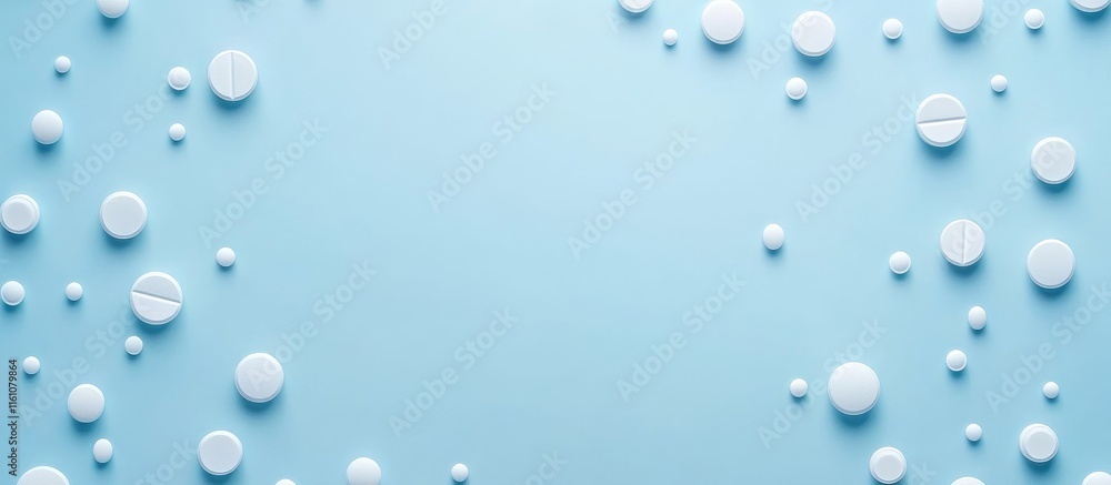 Poster assorted white pills scattered on a light blue background with ample empty space for personalized te