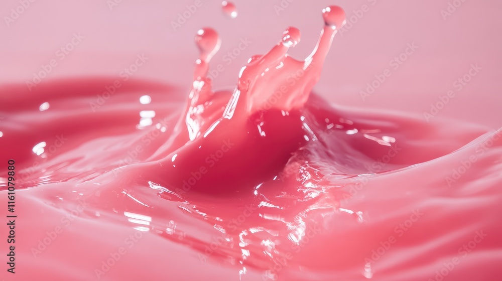 Poster vibrant red liquid splash with smooth wavy texture creating dynamic visuals in a soft pink backgroun