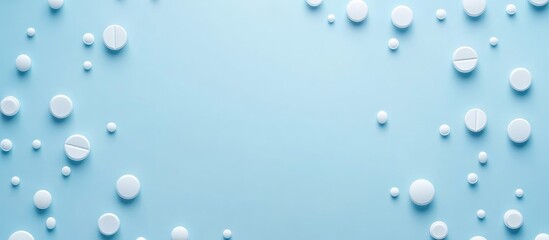 Assorted white pills scattered on a light blue background with ample empty space for personalized text or advertising messages.