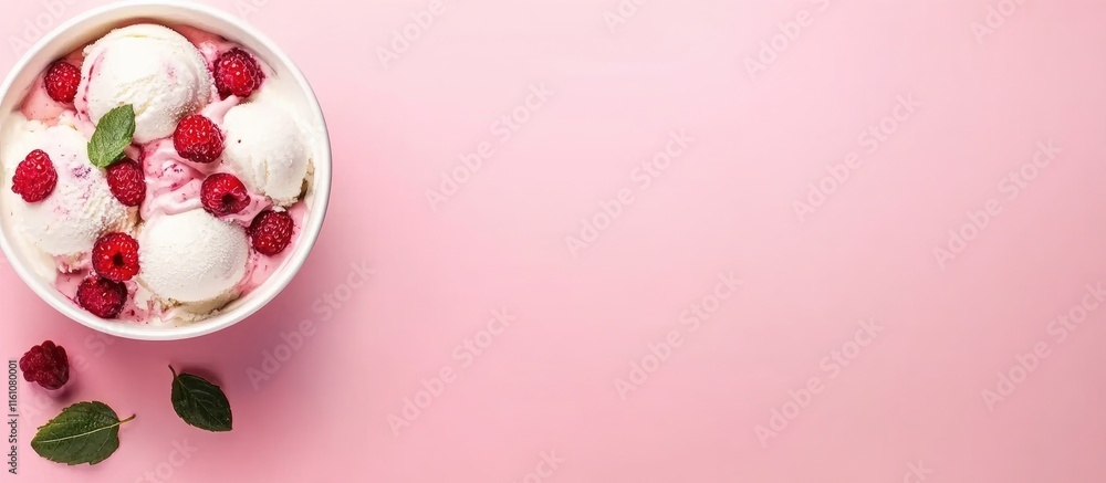 Poster delicious ice cream with berries in bowl on soft pink background with empty space for text or design