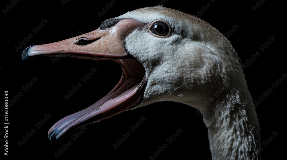 Poster swan close up profile isolated on black background with mouth open granting expressive view of the b