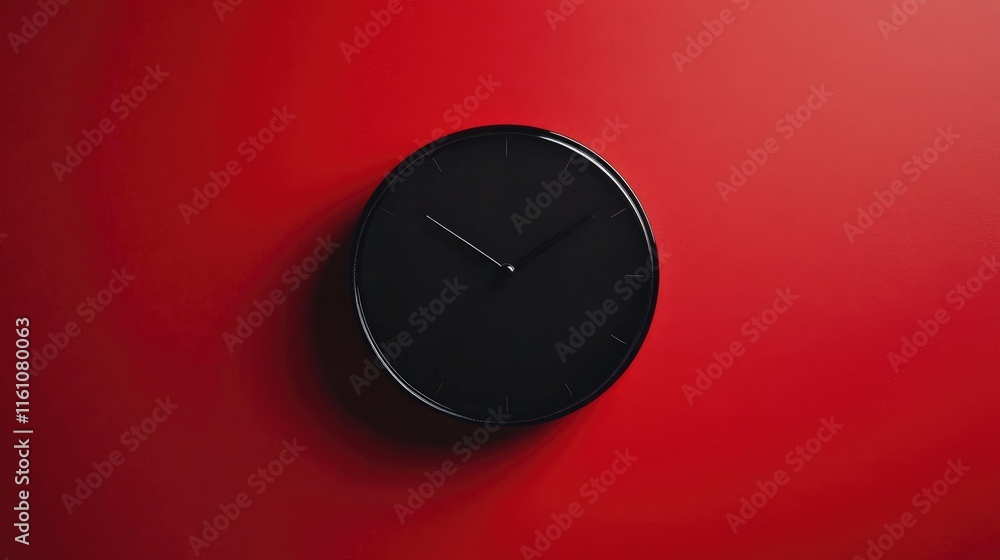 Poster minimalistic black alarm clock on vibrant red background highlighting simple design and ample copy s
