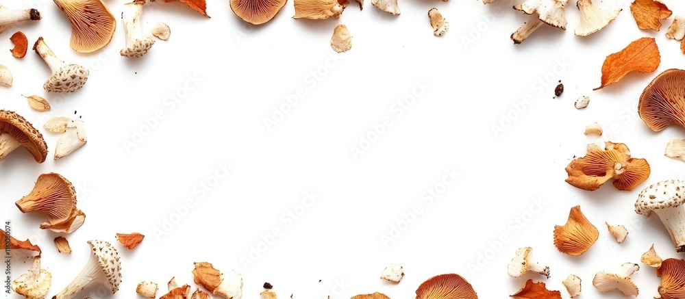 Poster wild mushrooms framed on white background ideal for text insertion and culinary design use