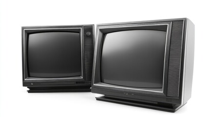 Vintage black televisions on a white background showcasing retro design and classic television...