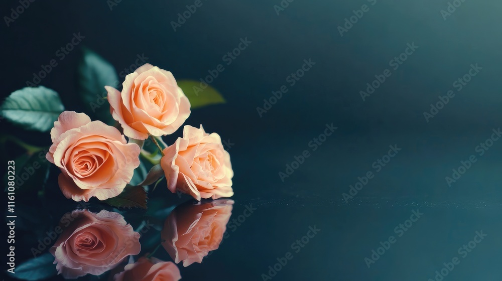 Poster soft peach roses elegantly arranged on a reflective black surface with ample space for romantic text
