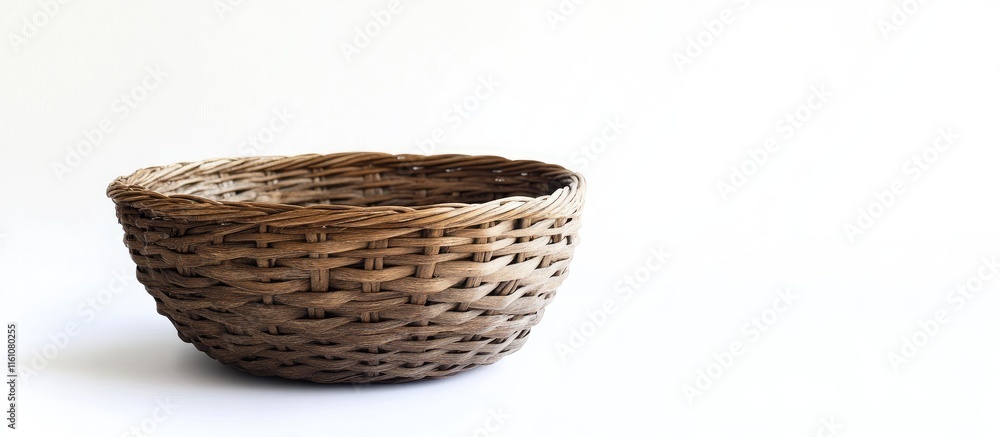 Poster round wicker basket showcasing natural texture on a white background with ample space for copy or te