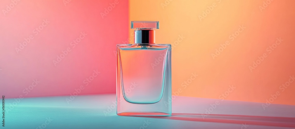 Poster elegant perfume bottle on vibrant pastel background with ample empty space for personalized text or 
