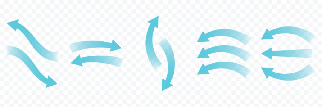 Air flow arrow. Set of blue arrows showing direction of air movement. Air flow isolated on white background.