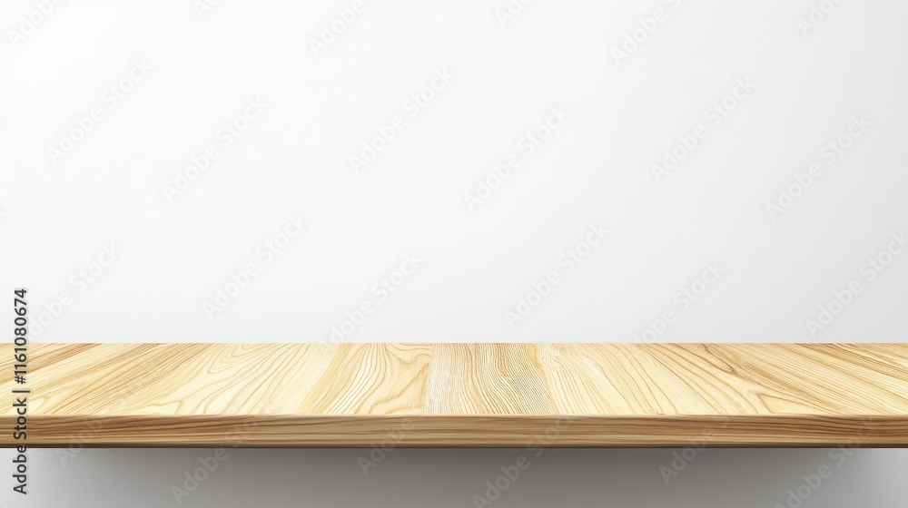 Poster light wooden table surface with seamless texture and blank space for text against a white wall backg