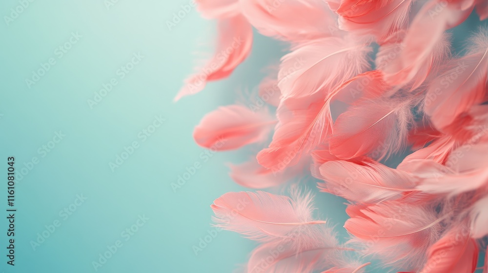Poster delicate soft pink feathers floating gently on a serene pastel blue background creating a tranquil a