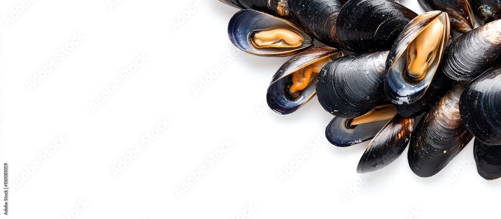 Poster mussels and clams arranged on a white background with ample empty space perfect for culinary or seaf