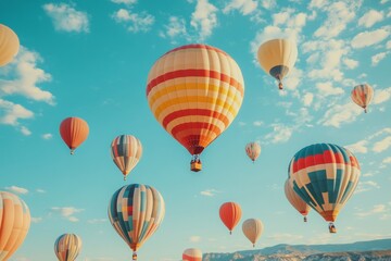 Obraz premium Colorful floating spheres creating dynamic patterns against a bright blue sky