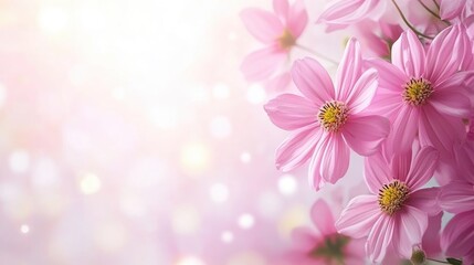 Fototapeta premium Soft pink cosmos flowers with white bokeh background creating a dreamy spring or summer floral artwork for nature lovers