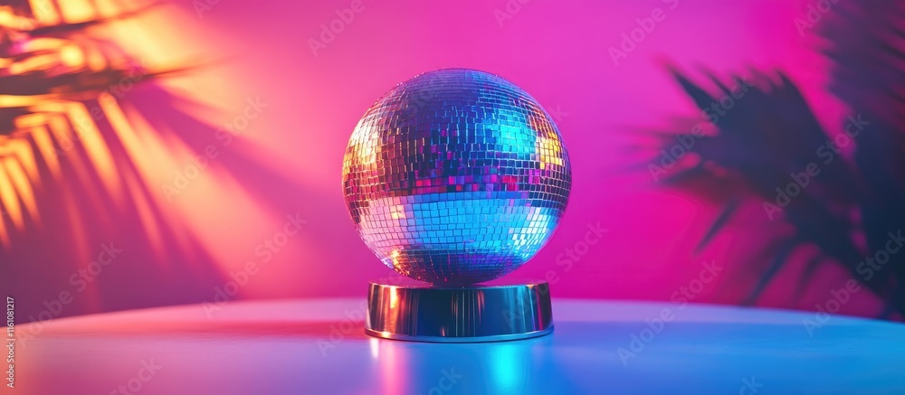 Poster disco ball reflecting colorful lights on a table with tropical shadows and space for text in an ener