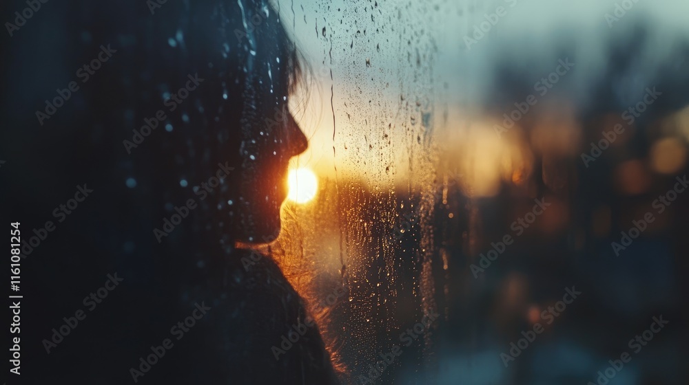 Poster raindrops on a blurred window with a silhouette against a vibrant sunset background creating a moody