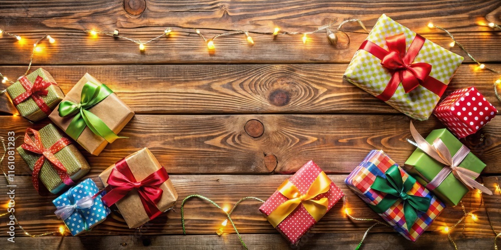 Poster A Festive Array of Wrapped Gifts Adorned with Bright Ribbons and Encircled by Twinkling Lights on a Rustic Wooden Surface