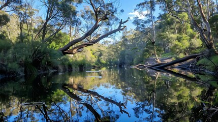 Fototapeta premium The rain forest is a dense, tropical woodland that thrives in humid, tropical climates. It is characterized by towering trees with thick canopies that form a lush, green umbrella overhead, providing s