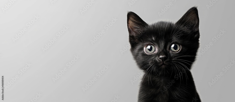 Aufkleber black kitten portrait with intense gaze on neutral grey background featuring ample copy space for cr