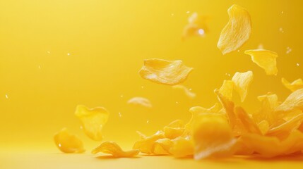 Corn Chips Falling Against a Vibrant Yellow Background with Empty Copyspace for Food or Snack Related Advertising