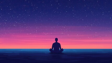 Calm starry night with a lone figure meditating, symbolizing connection to the universe