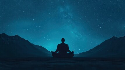 Calm starry night with a lone figure meditating, symbolizing connection to the universe