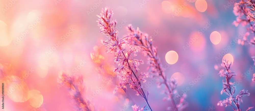 Poster dreamy bokeh background in soft pink and purple hues with floral elements creating an enchanting atm