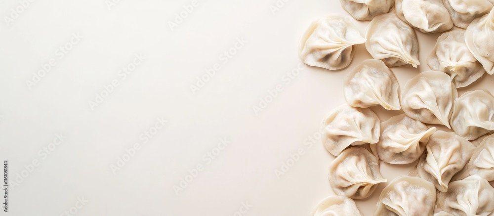 Poster assorted chinese dumplings arranged neatly with empty space for text on a light background perfect f