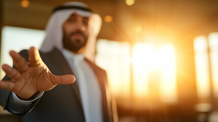 Arab businessman reaching out, hand outstretched towards viewer in a modern office setting with blurred background and sun flare.