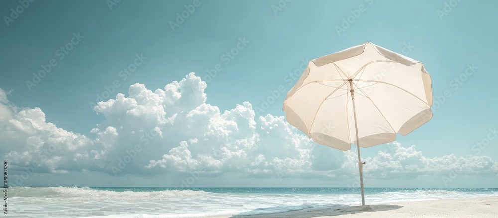 Poster windblown white beach umbrella on tranquil shoreline with clear sky and empty space for text ideal f
