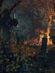 Numerous headstones in a foggy graveyard with flickering candles.