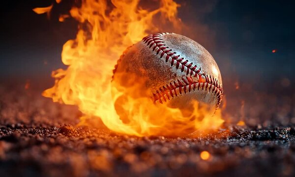 A fiery baseball rolling, surrounded by flames and sparks, symbolizing intensity in sports.