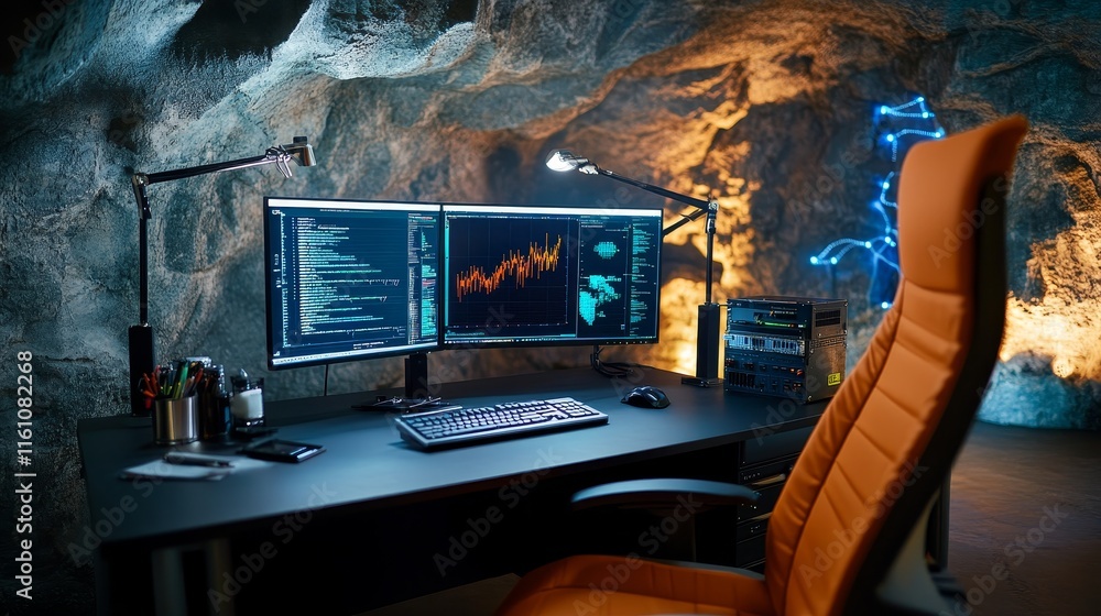 Poster cave office workstation setup - modern tech, data analysis, programming, secluded workspace, innovat