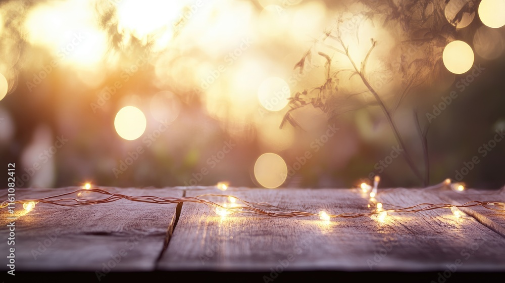 Poster warm glowing string lights on rustic wooden surface with blurred nature background creating a soothi